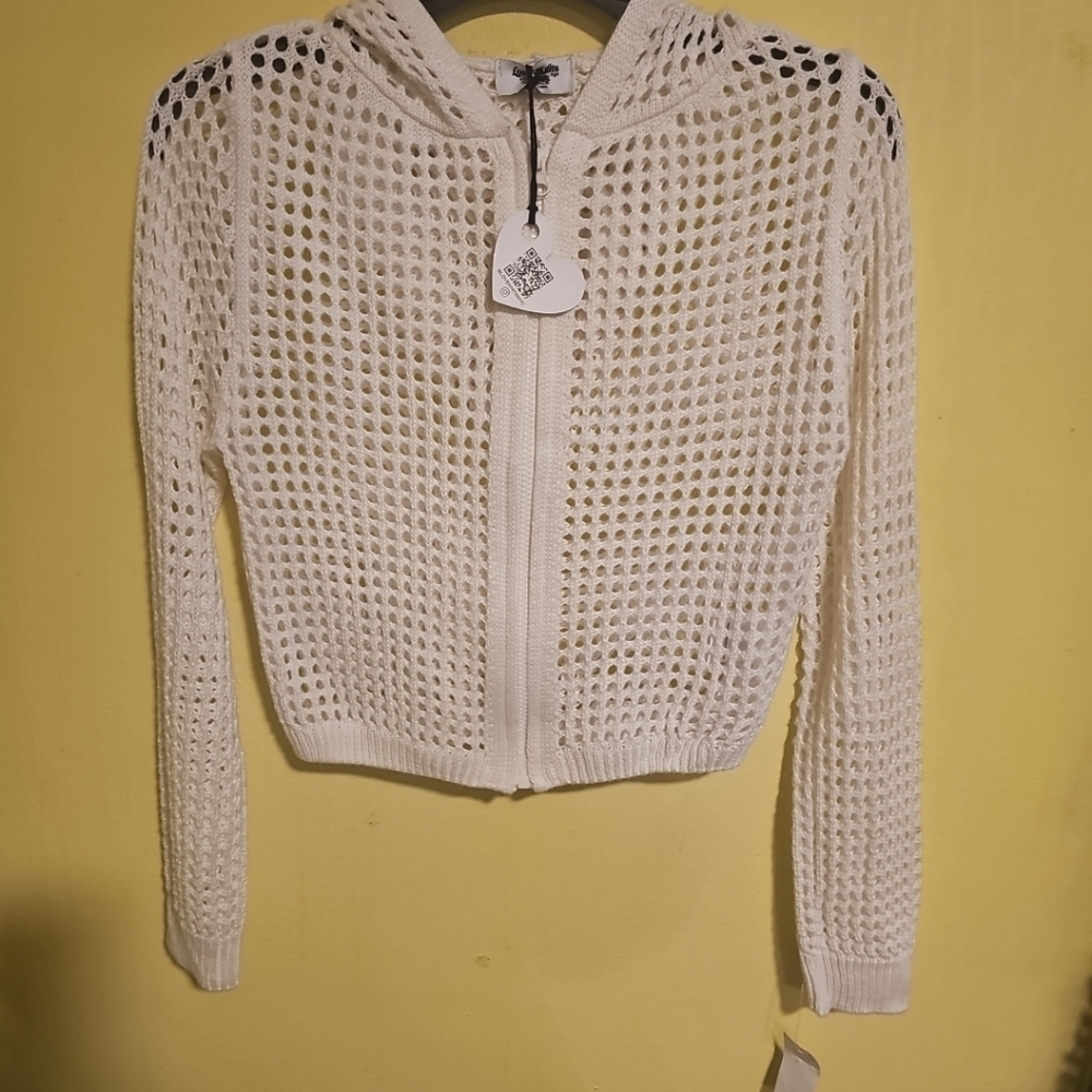 NWT Love Knits Junior Size XS White Crochet Sweater Hoodie Full Zip Jacket